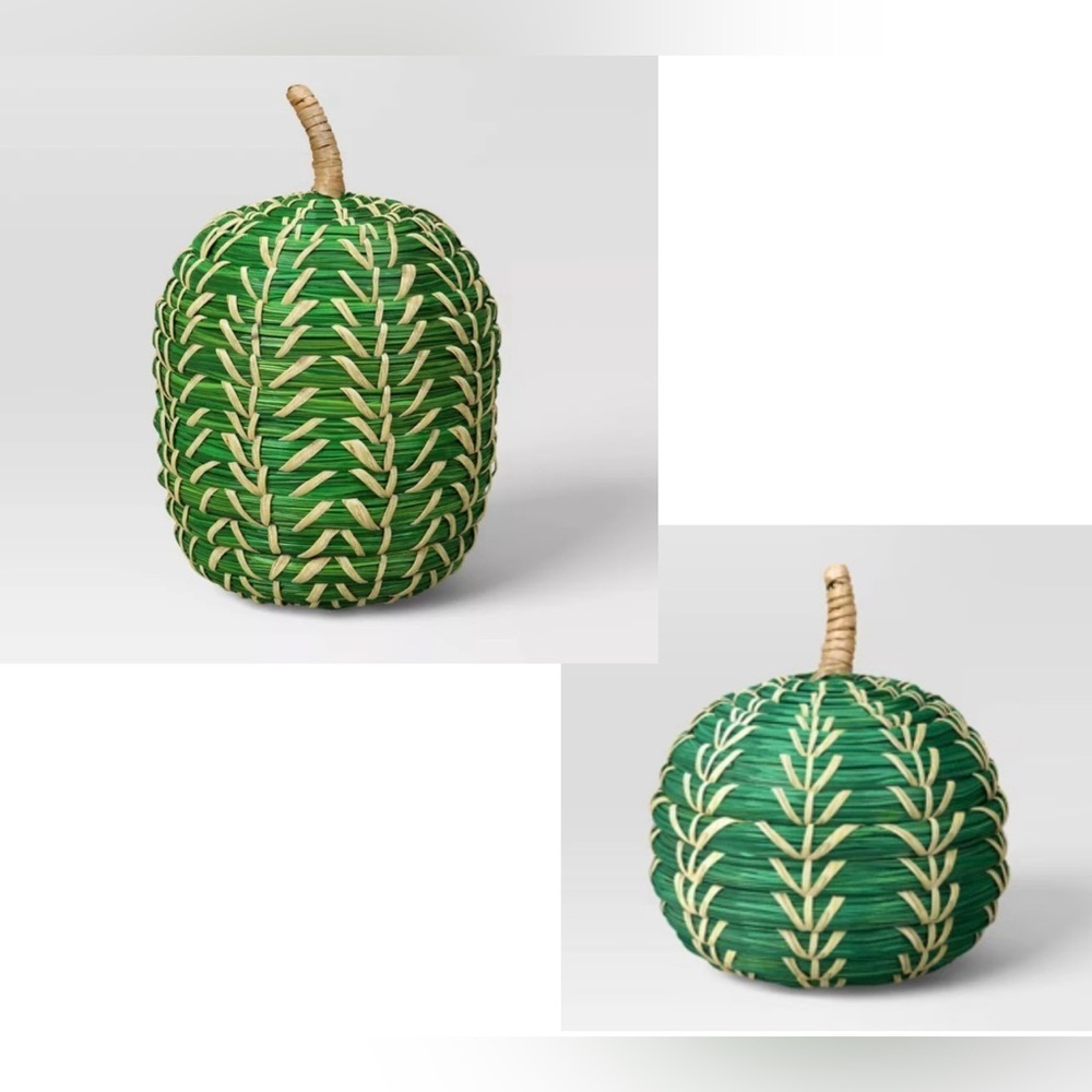 threshold set of 2 patterned woven pumpkins NEW with tags NWT green tan